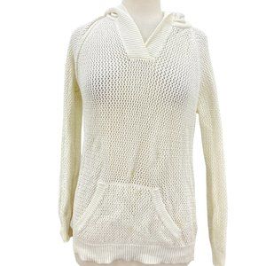 Shirt 469 Women's Linen/Cotton Long Sleeve Open Knit Hooded Sweater Beige Medium